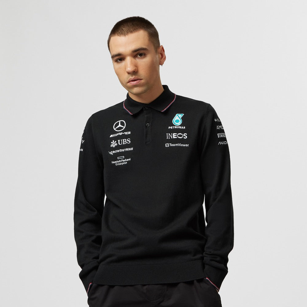 Mercedes AMG Petronas F1 2023 Team Knitted Long Sleeve Polo Mens - Black